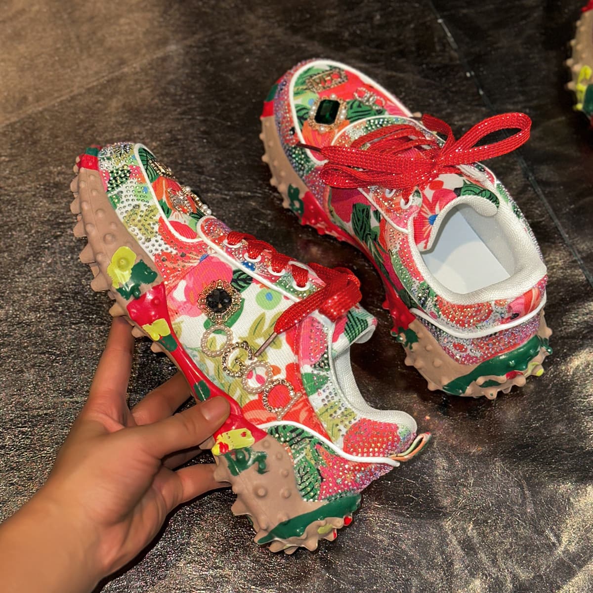 European station low-top rhinestone durian shoes for women new flat sole shoes with diamonds dad shoes for women sports and leisure versatile