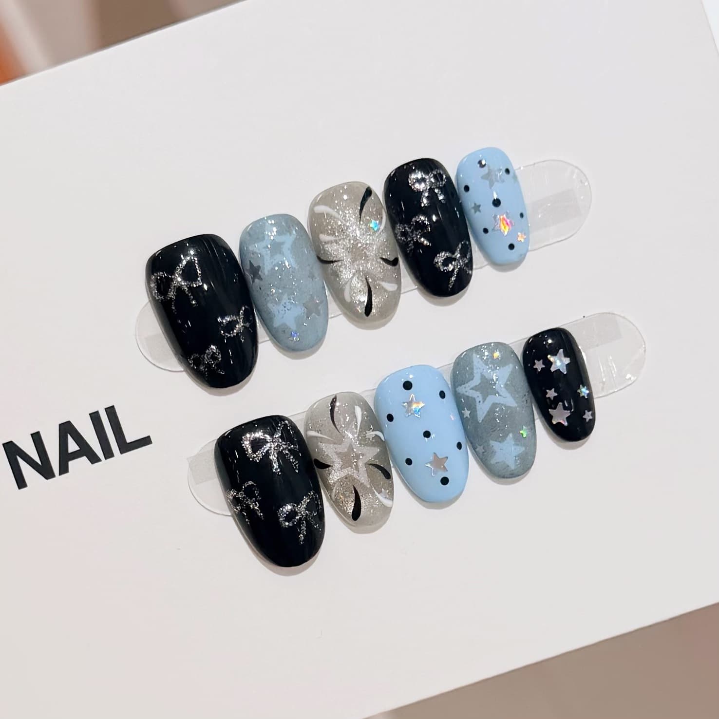 [Meteor Star] Blue and Black Cat Eye Firework Stars Light Luxury Handmade Wearable Nails Removable Nail Patch