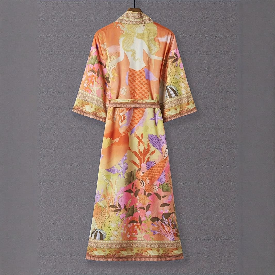 Western Elegant Retro Mermaid Print Kimono Cardigan Thin Jacket Dress Style Thin Cape Jacket