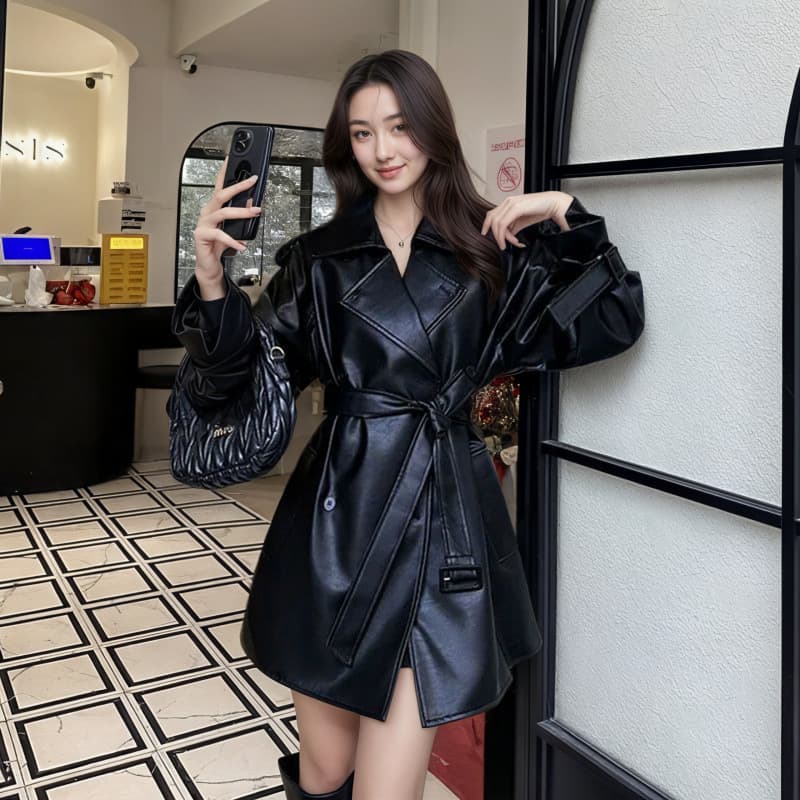 Spot 2025 Maillard leather windbreaker jacket for women autumn American retro mid-length temperament PU leather jacket trendy