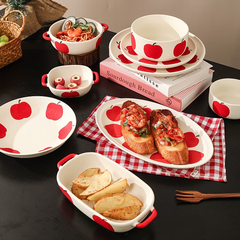 Ceramic tableware set for home use cute apple pattern dishes and plates creative internet celebrity dinner plates eating bowls and plates combination