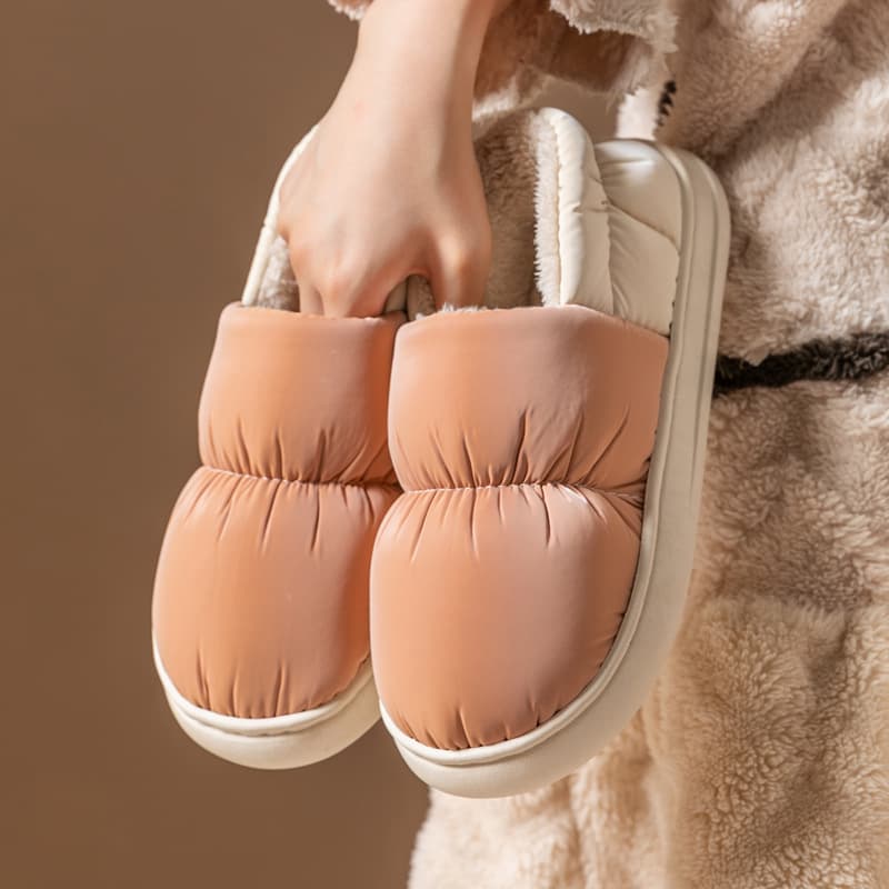 Down Fabric Bag with Cotton Shoes for Women, Indoor Home Cotton Slippers for Men and Women, Thickened Fleece Postpartum Shoes, Warm