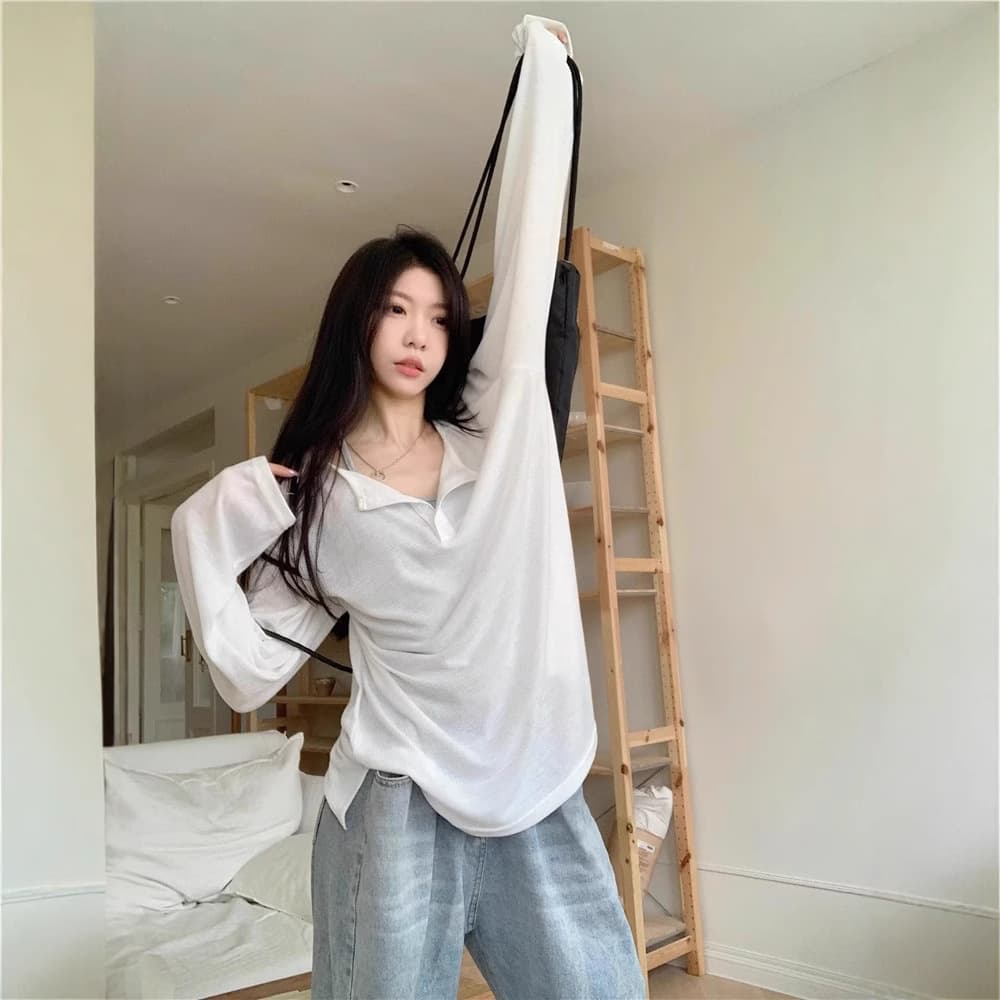White Loose Mid-Length T-shirt Women Summer 2025 New Lazy Style Outerwear Long Sleeve Sun Protection Cover-up Top