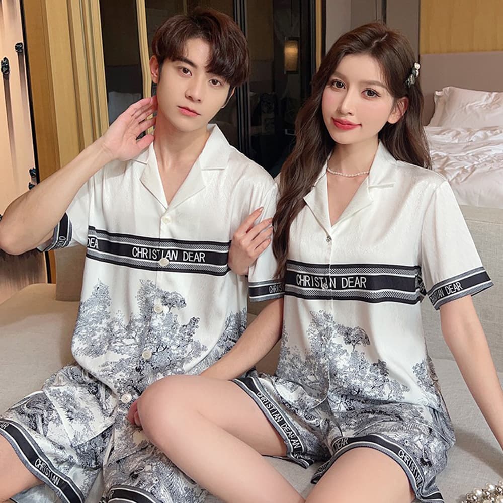 Factory Direct 2023 Summer New Couple Pajamas Women's Ice Silk Letter Ink Tiger Ink Homewear Set Manufacturer