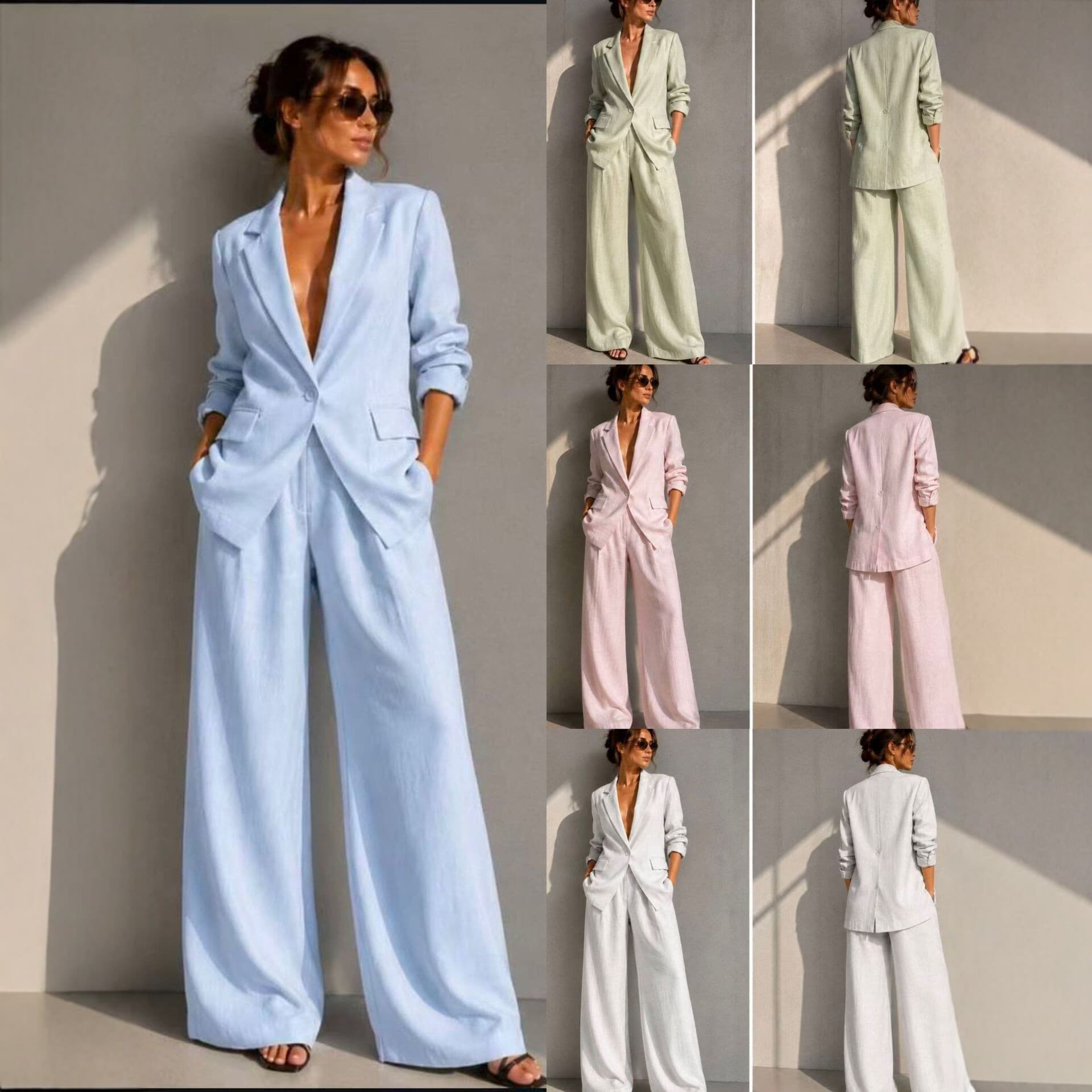 2026 New European & American Style Linen Suit Set for Women, Casual Office Wide-Leg Pants Two-Piece Set, Solid Color Fashion Slim Fit
