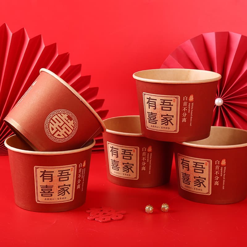 Disposable Red Paper Bowls for Wedding Banquets, Thickened Celebration Bowls Full Set