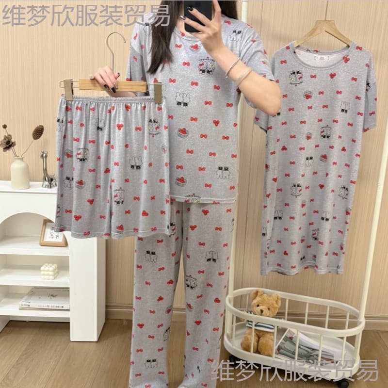 Women's Pajama 4-Piece Set, Summer Cartoon Print Long Pants and Short Sleeve Top, Milk Silk Loungewear
