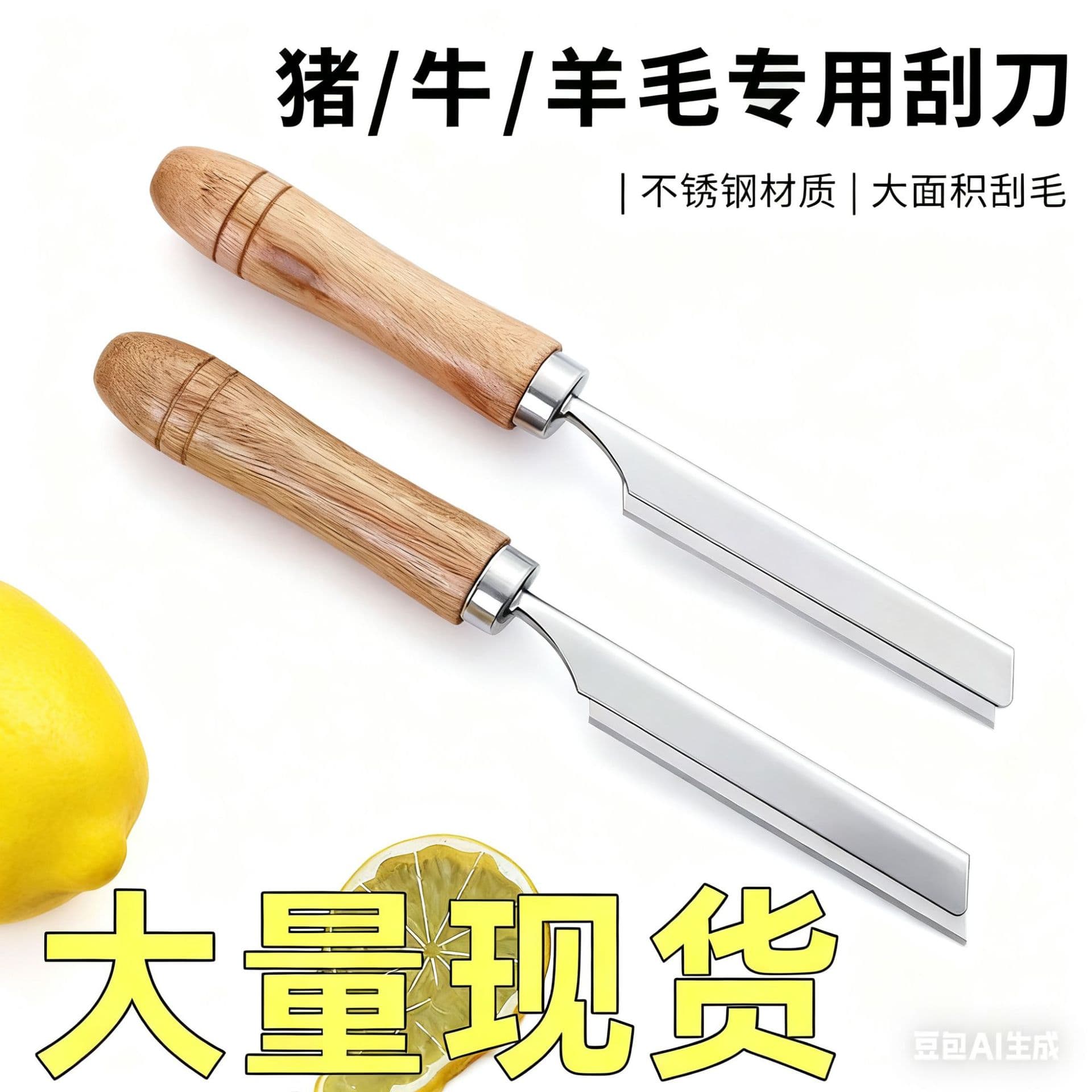 Manufacturer's stainless steel pig hair scraper, used for removing hair from pig trotters, pig faces, cow feet, and pig skin; commercially available for pork stalls.
