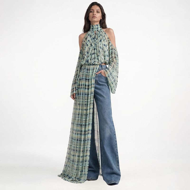 European & American Style Designer Shirt 2026 New Elegant Halter Off-Shoulder Plaid Long Sleeve Chiffon Blouse for Women