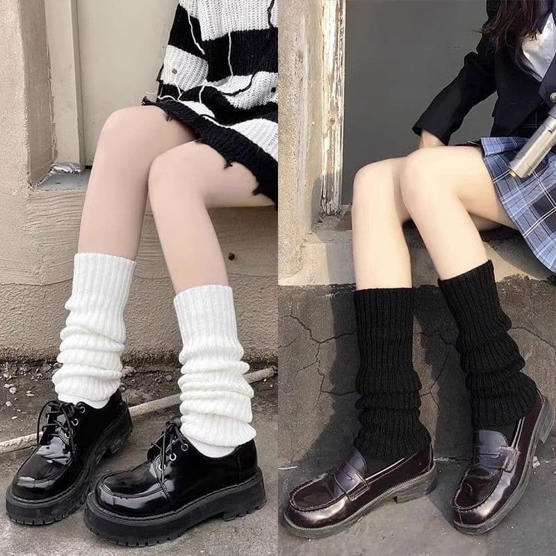 White JK Slouchy Sock Covers, Japanese Women's Knitted Socks, Calf Socks, Versatile Outfit Leg Covers, Warm Mid-Calf Socks