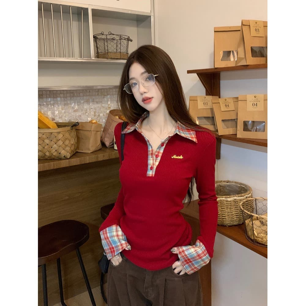Christmas Plaid Two-Layer Base Top for Women, Autumn/Winter American Style Unique Long Sleeve Top