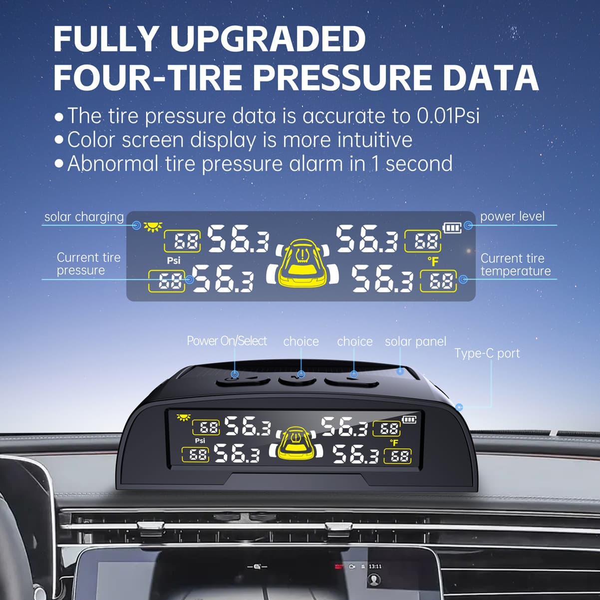 T22 Built-In Tire Pressure Monitor, External Universal Tire Detection Device for Cars, Wireless Solar-Powered Tire Pressure Monitor