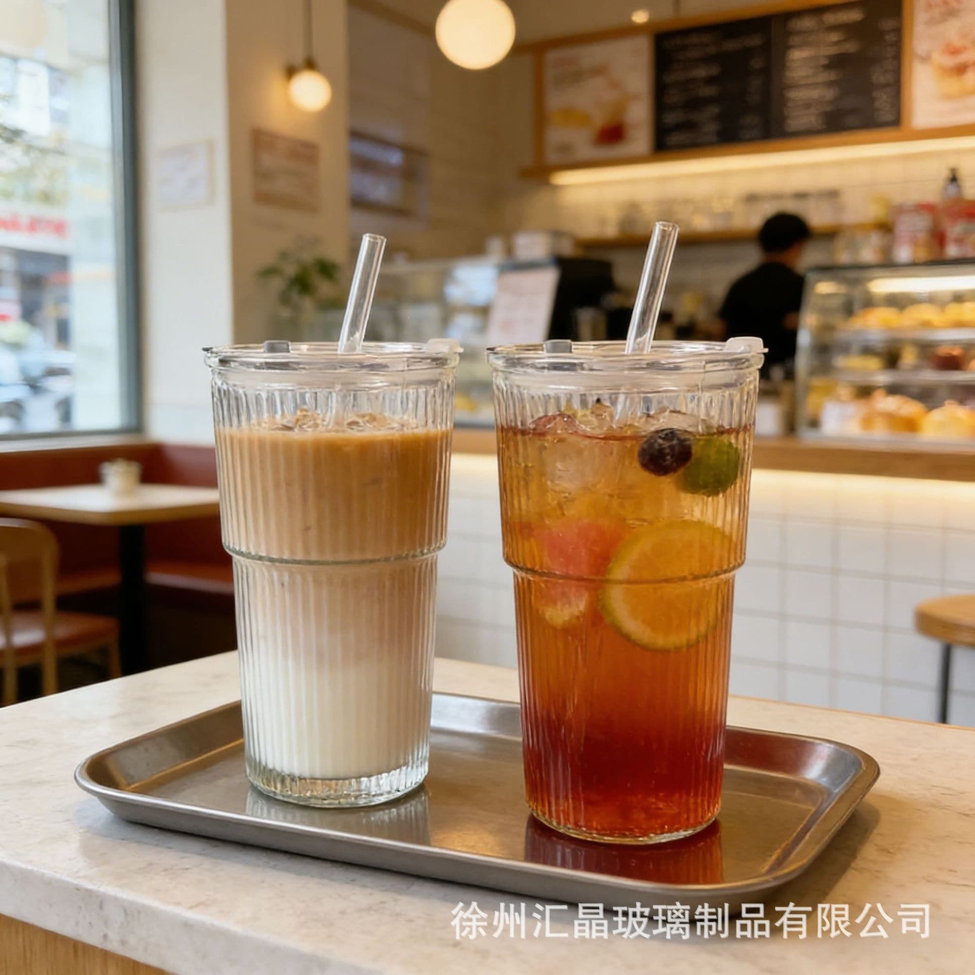 Vertical Grain Glass Cup Ins Style Premium with Lid Water Cup for Women Home Cold Drink Coffee Cup Promotional Gift Cup