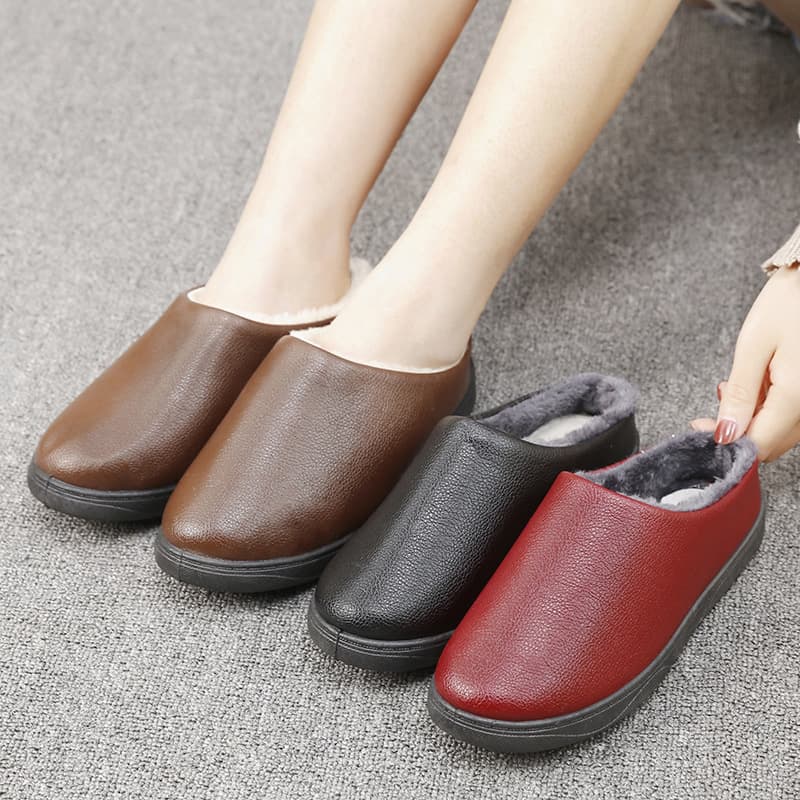 Leather Slippers Winter Household Thick-Soled Cotton Slippers Home Shoes Lightweight Non-Slip Comfortable Warm Mother's Shoes Pu Side Half Slippers