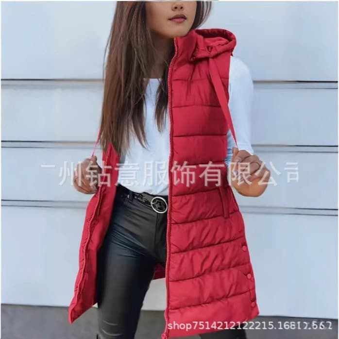 2025 New In Stock Cross-border Foreign Trade European & American Women's Clothing Amazon Solid Color Zipper Hooded Cotton Vest Long Coat