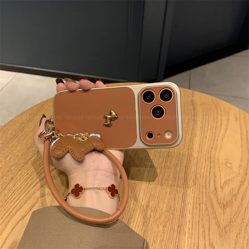 New Brown Leather Texture Little Gold Horse Case for Apple iPhone 17 Pro Max, Premium Feel for iPhone 16 Pro Max