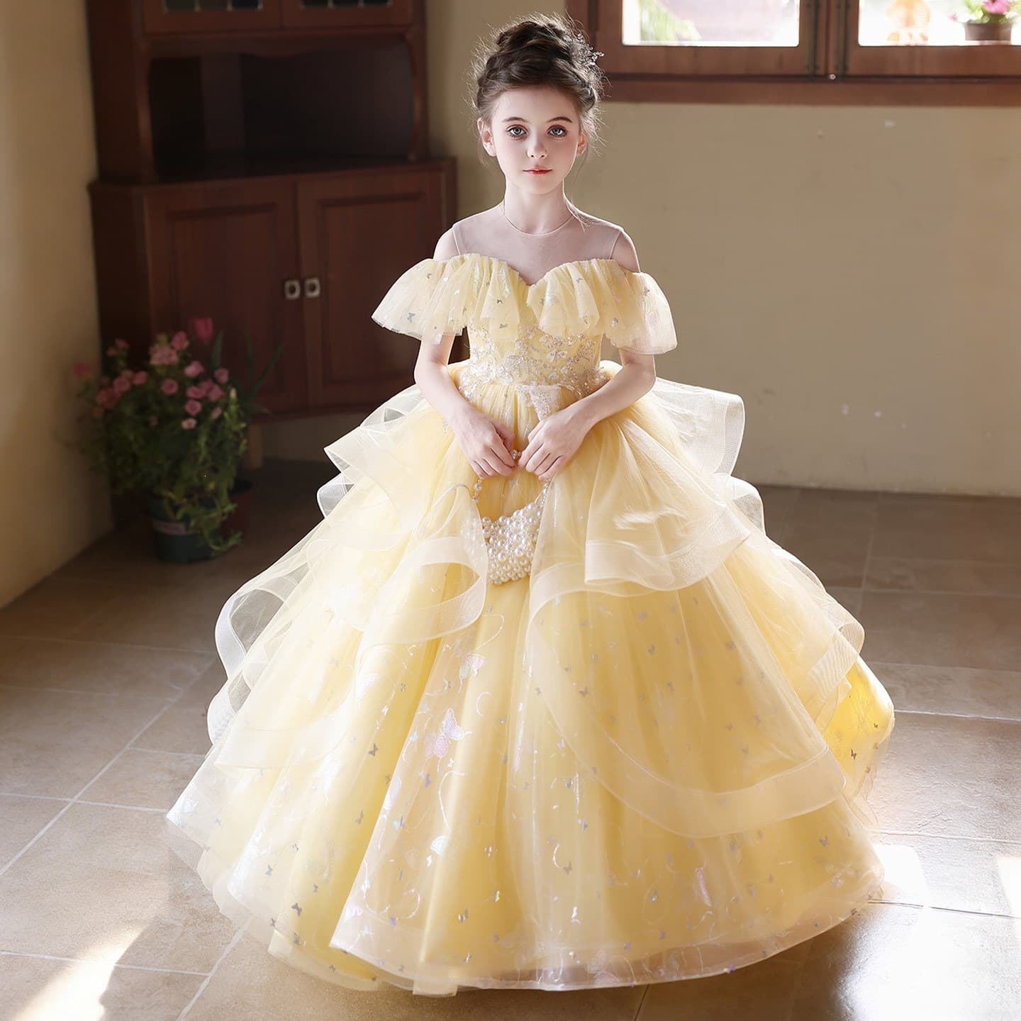 Children's evening dress yellow beautiful girl high-end host girl birthday princess dress piano performance costume