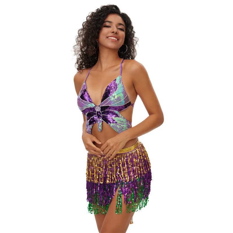 Halloween cross-border belly dance performance costume, four-layer tassel waist chain, sexy bohemian hip scarf, waist scarf, sequined skirt for women
