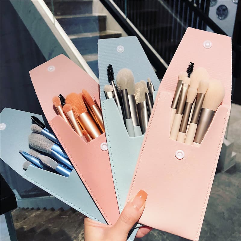 8 mini makeup brush set Morandi portable leather makeup brush beauty tool female brush cross-border eye shadow
