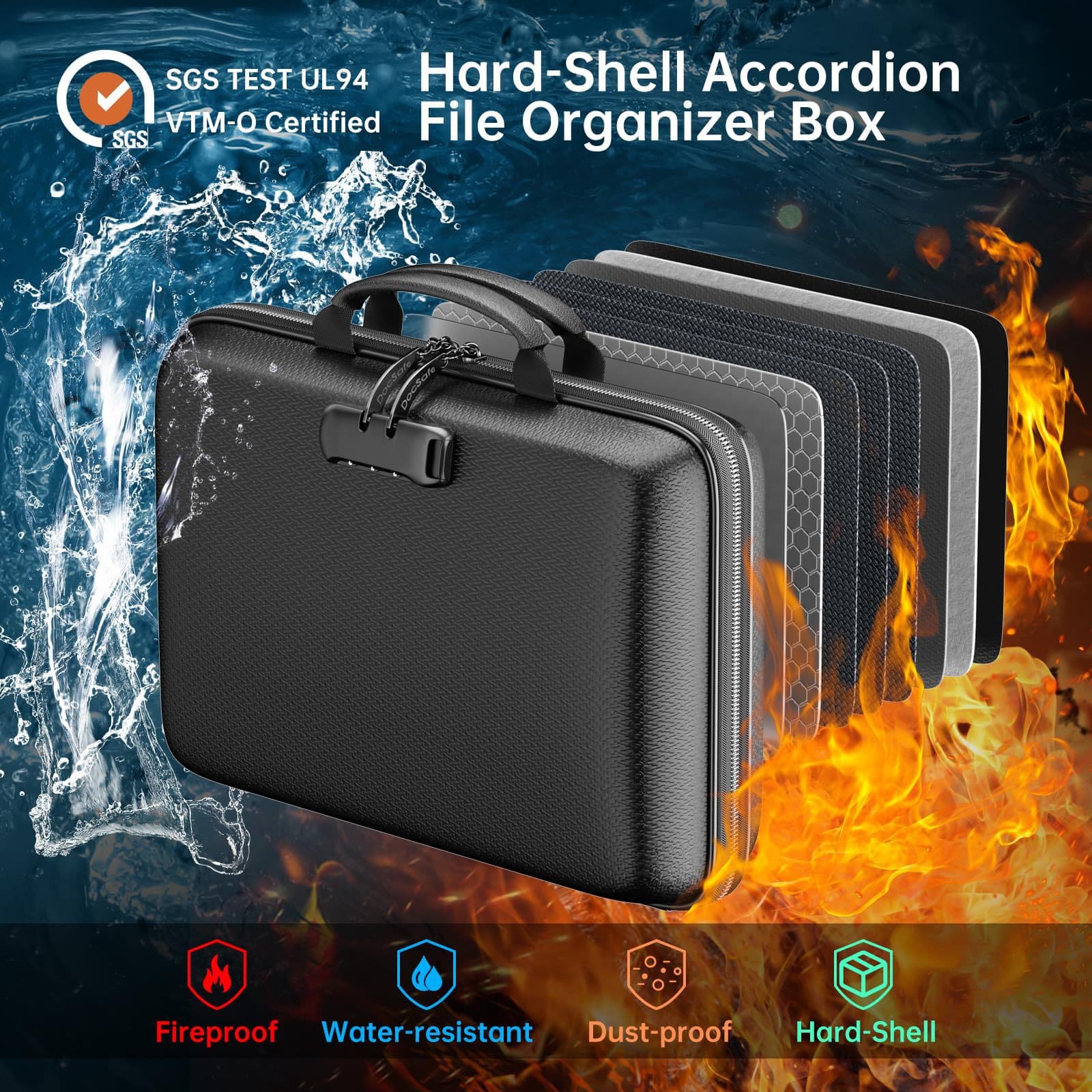 Fireproof and Waterproof Document Organizer Bag, Zippered Portable Security File Bag with Combination Lock, Handheld Briefcase