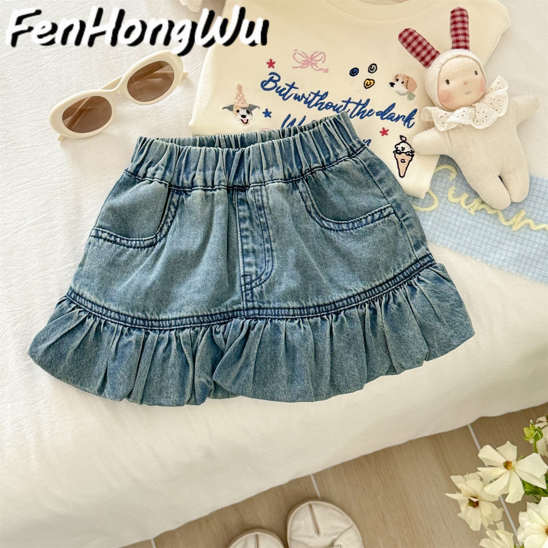 [Pink House] Denim Skirt New Summer Baby Short Skirt Ruffle Hem Little Kids' Pencil Skirt Fishtail Skirt