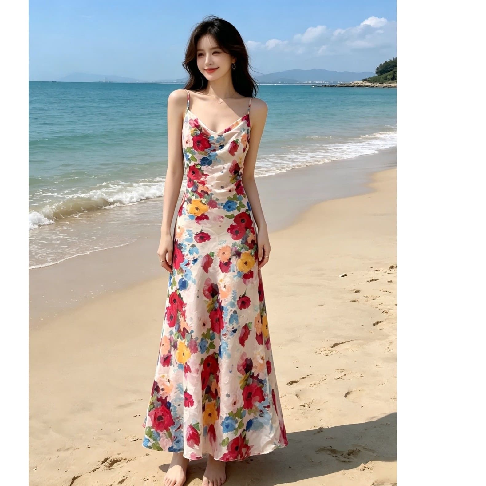 French Vacation Style Beach Dress, Waist-Cinching Floral Halter Dress, Summer New Oil Painting Print Fishtail Maxi Dress