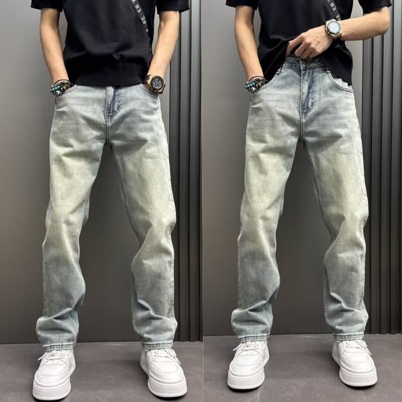 Autumn New Washed Distressed Light Blue Jeans Men Loose Straight Leg Pants Slant Pockets Minimalist High Street Trousers