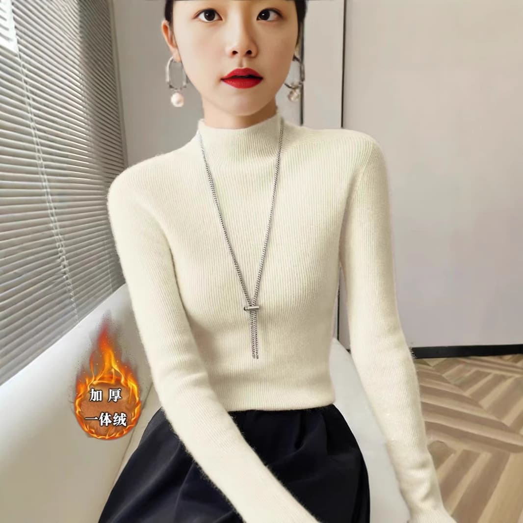 2025 Fall/Winter Thickened Integrated Fleece Half-Turtleneck Sweater, Loose and Comfortable Layering Base, Warm Fitted Top