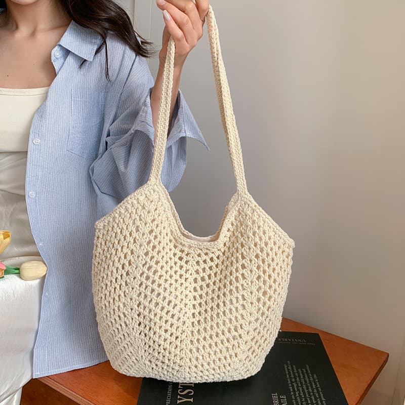 Casual Large Capacity Cotton Yarn Woven Bag Hollow Hook Woven Bag Lazy Style Single Shoulder Bag Holiday Beach Bag Women's Bag