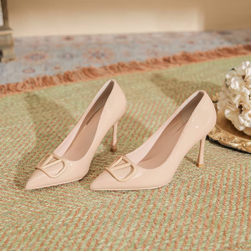 Heart's Orchid New Style Slim Heel Pointed Toe V-Buckle Patent Leather Sexy Low-Cut Women's High Heels, Versatile Simple Large Size for Wide Feet