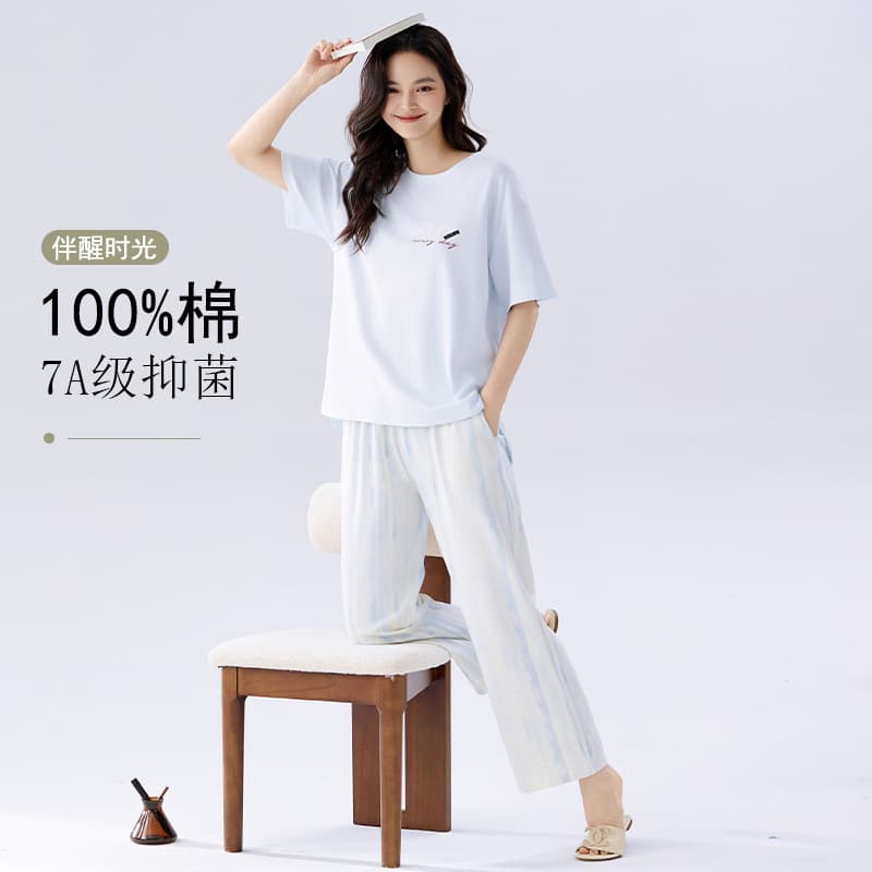 Class A Antibacterial 100% Cotton Pajamas Women's Summer Short-Sleeved Pants High-End Women's Cotton Home Wear Set