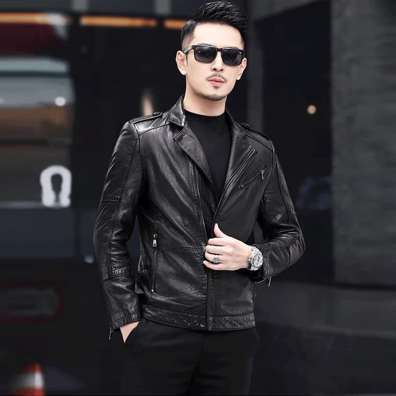 2026 New Waxed Lambskin Leather Jacket Men Short Motorcycle Biker Style Fashion Casual Turn-down Collar Leather Coat