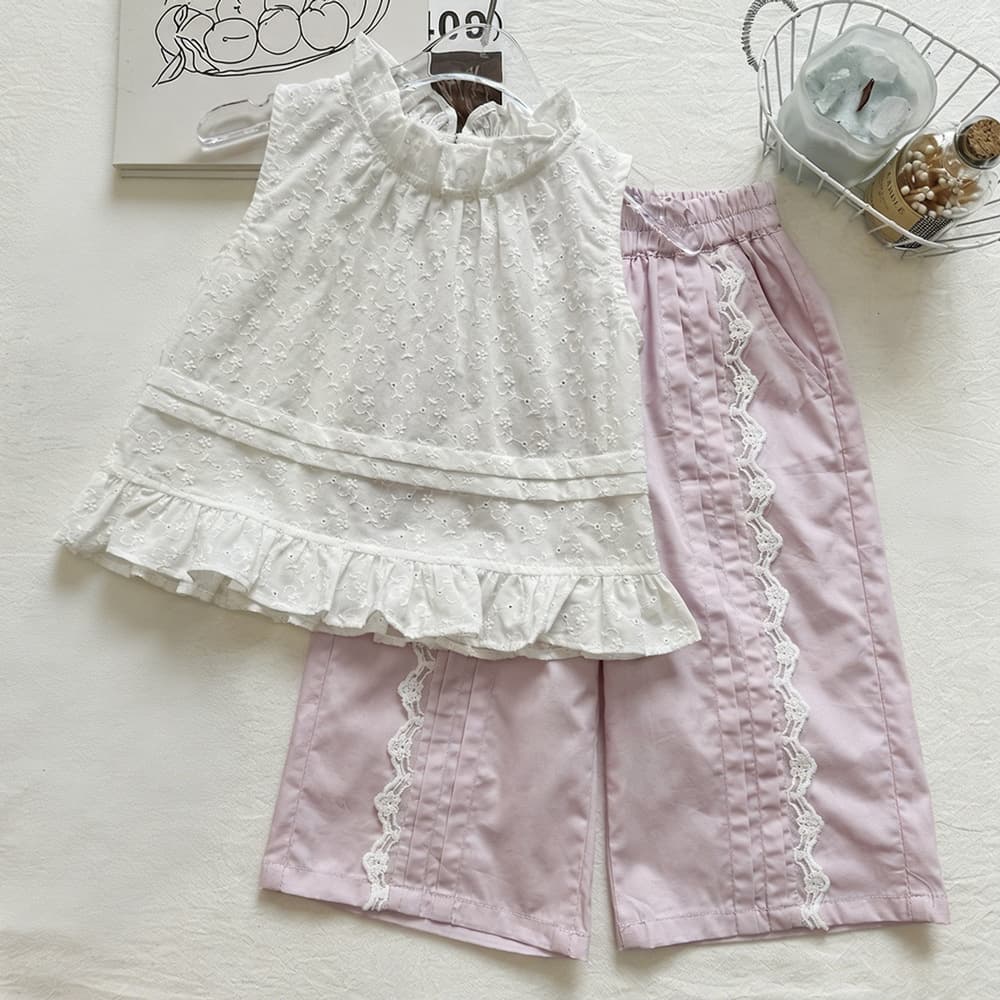 Girls stand collar embroidered fungus sleeveless top suit summer 2026 new lace edge wide leg pants two-piece set