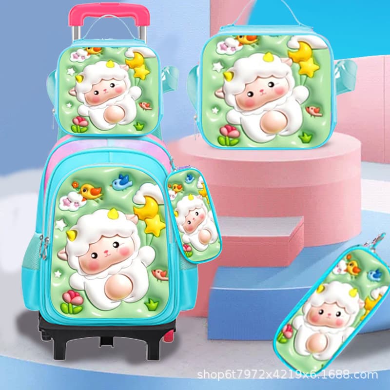 Cross-border foreign trade 3D primary school student school bag cartoon three-piece set trolley school bag meal bag with pencil case large capacity backpack