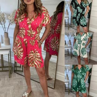 2025 Summer New EU & US Cross-Border Printed V-Neck Jumpsuit Short Sleeve Women's Waist Slimming Casual Vacation Style