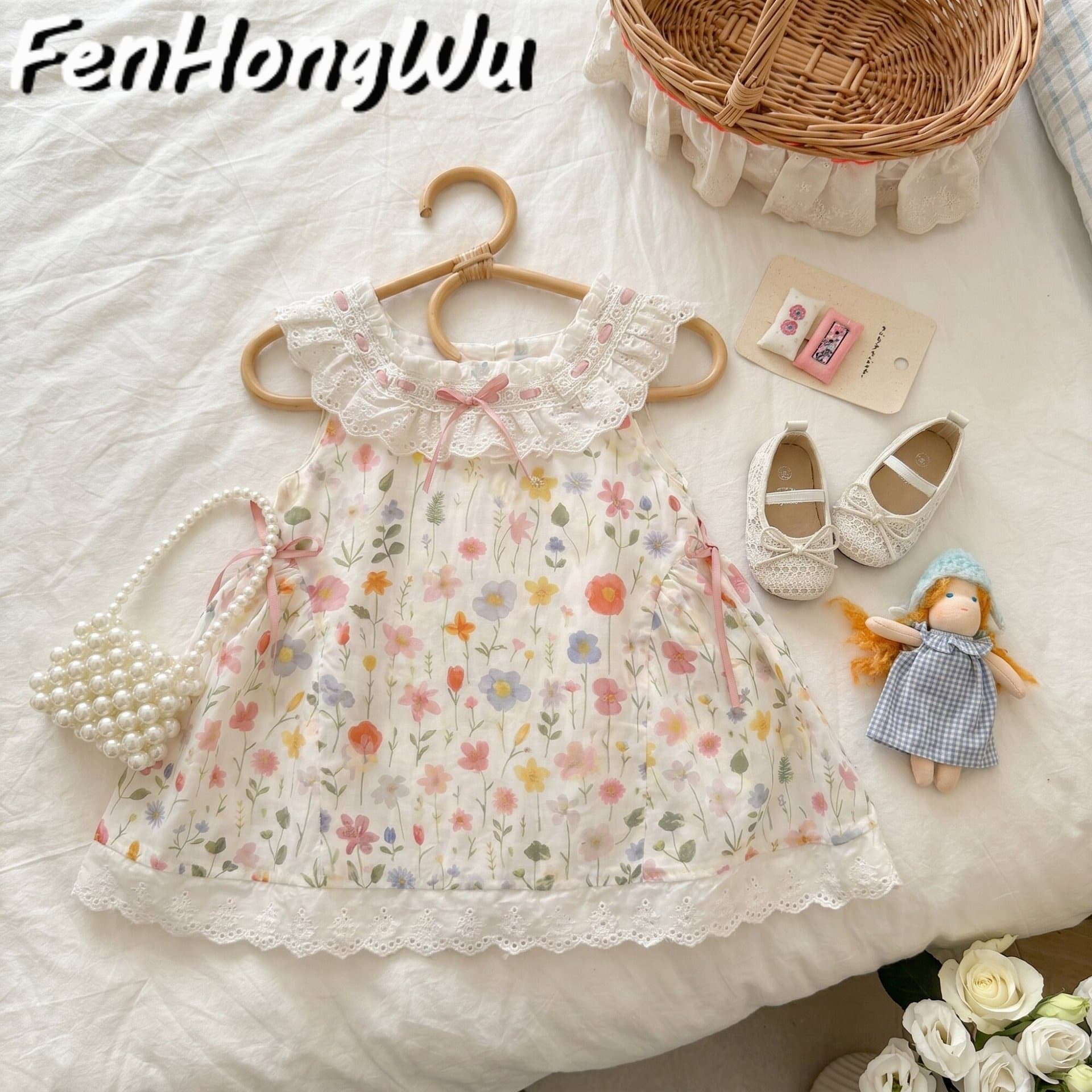 Pink House 2026 New Girls Sweet Sleeveless Floral Skirt Summer Children Pastoral Style Lace Dress Western Style