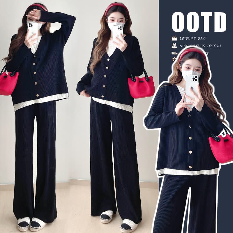 In Stock Real Shot, New Autumn/Winter Maternity Slimming Fashion Knit Gold Button Faux Two-Piece Sweater + Long Pants Set