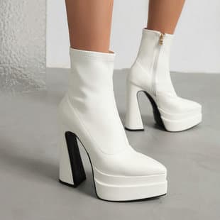 Women's Short Boots, Pointed Toe, Chunky Heel, Ultra High Heel, Platform, Elastic Slim Boots, Side Zipper Women's Ankle Boots, Martin Boots