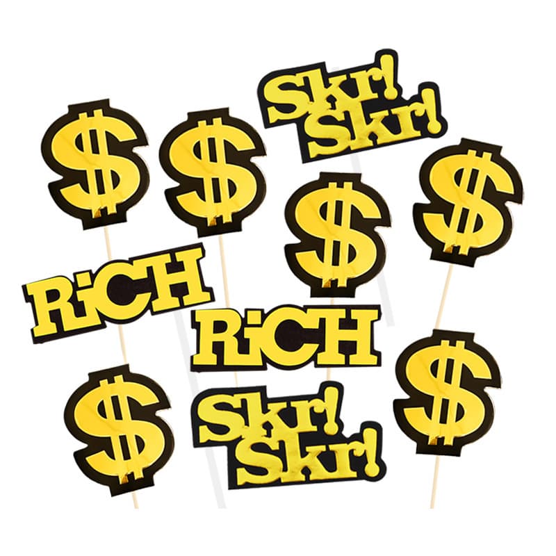 US Dollar Cake Topper Picks, 10-Pack, Dollar Sign Cake Decoration, English $ Single-Layer Finished Birthday Topper Picks