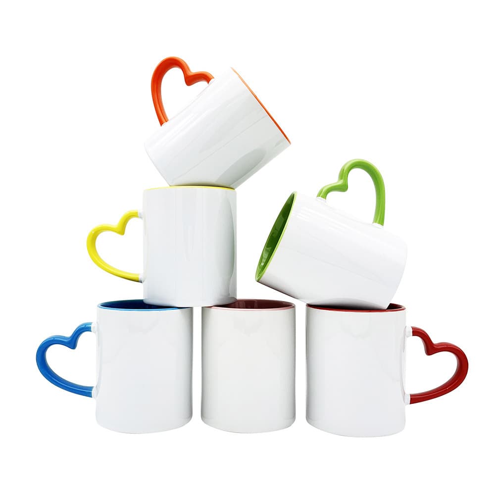 Factory direct sales heart handle double color coating cup inner color handle sublimation cup heat transfer gift ceramic mug customization