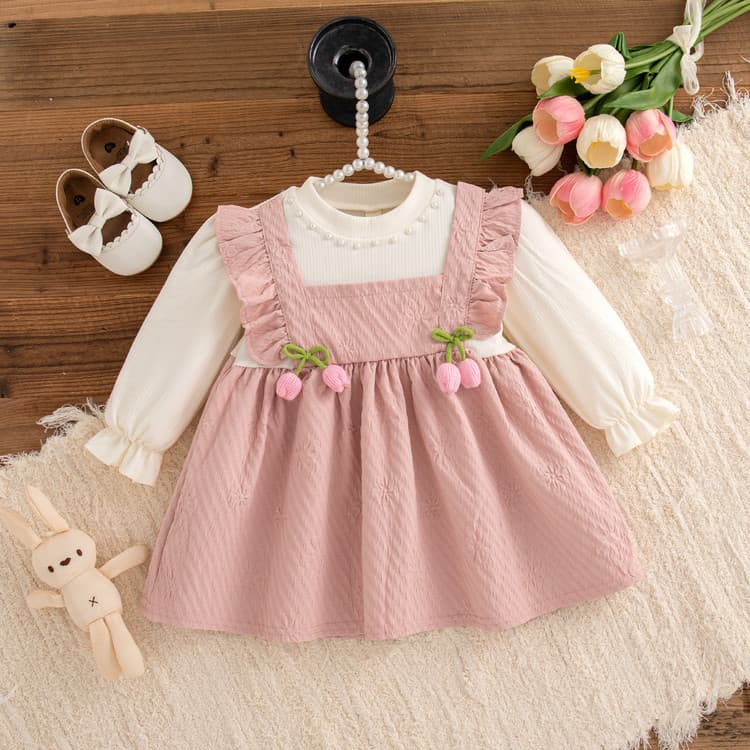 Girls Long Sleeve Dress Autumn Children's Fake Suspenders Skirt Spring Fall 1-2-3 Years Old Baby Princess Dress