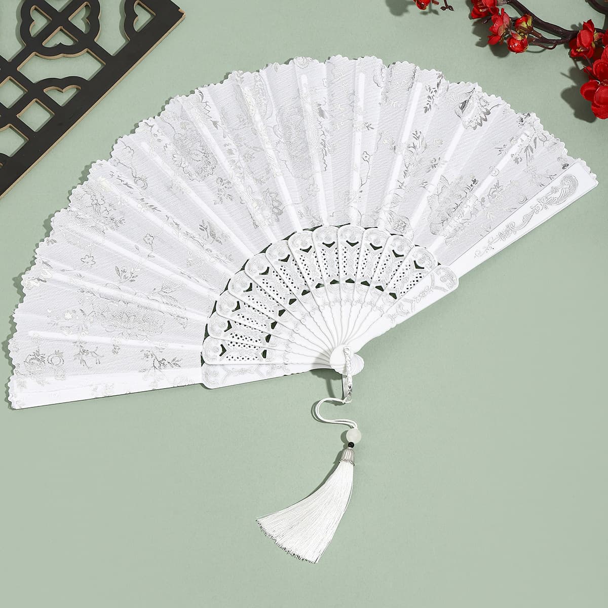 Silver Hot Stamping Fan Ribbon + Silver Hot Stamping Printed Plastic Folding Fan with Silver Tassel, Silver Hot Stamping Floral Pattern, Random Position