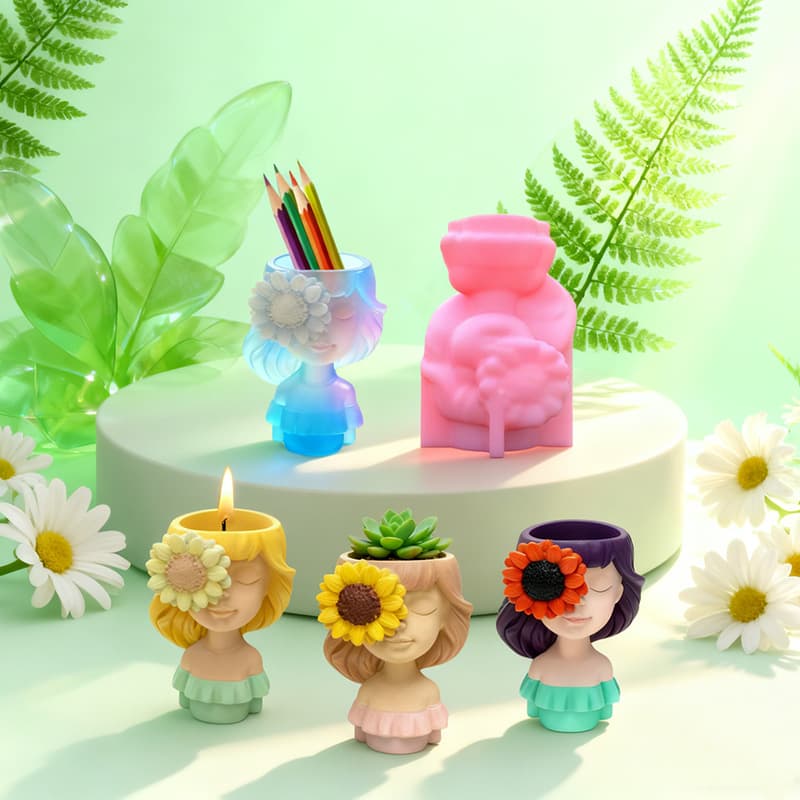 Sunflower Girl Silicone Mold DIY Succulent Planter Aromatherapy Candle Holder Head Sculpture Craft Decoration C326