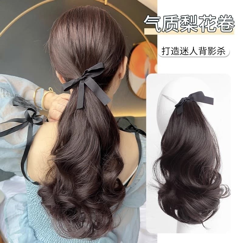 Pearl Curl Short Ponytail Wig for Women, Fluffy Tie-Back Style, Natural Long Hair Fake Braid High Ponytail