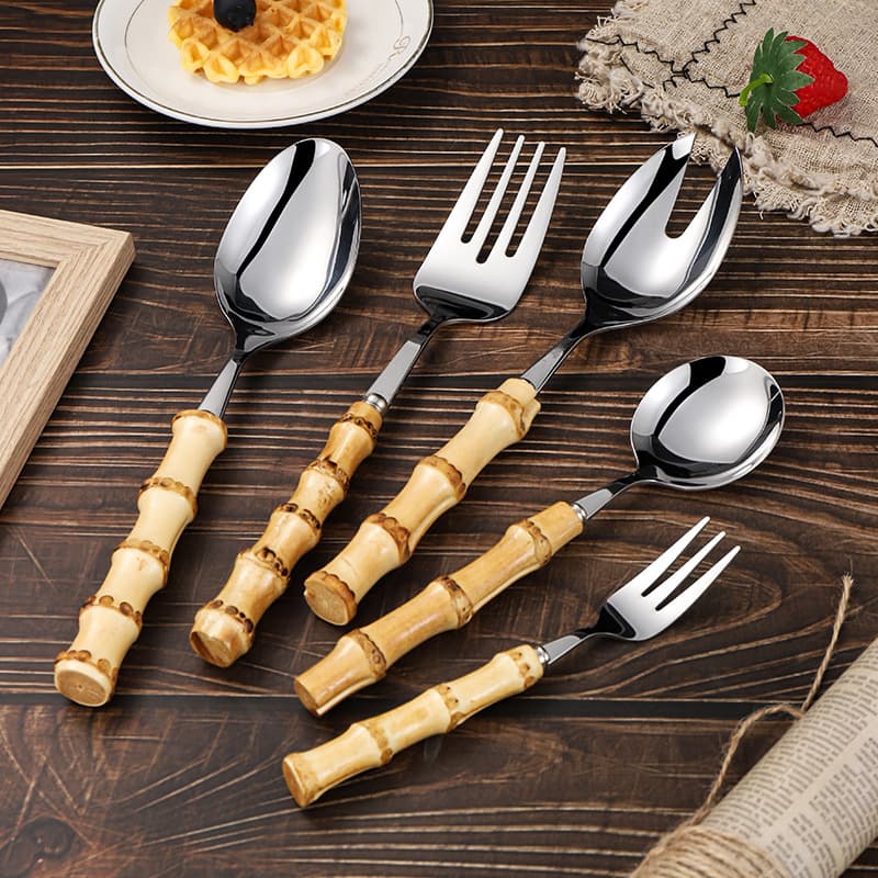 Bamboo Wooden Handle Western Tableware Knife, Fork and Spoon 304 Stainless Steel Tableware Hotel Supplies Dessert Fork Steak Knife Salad Spoon