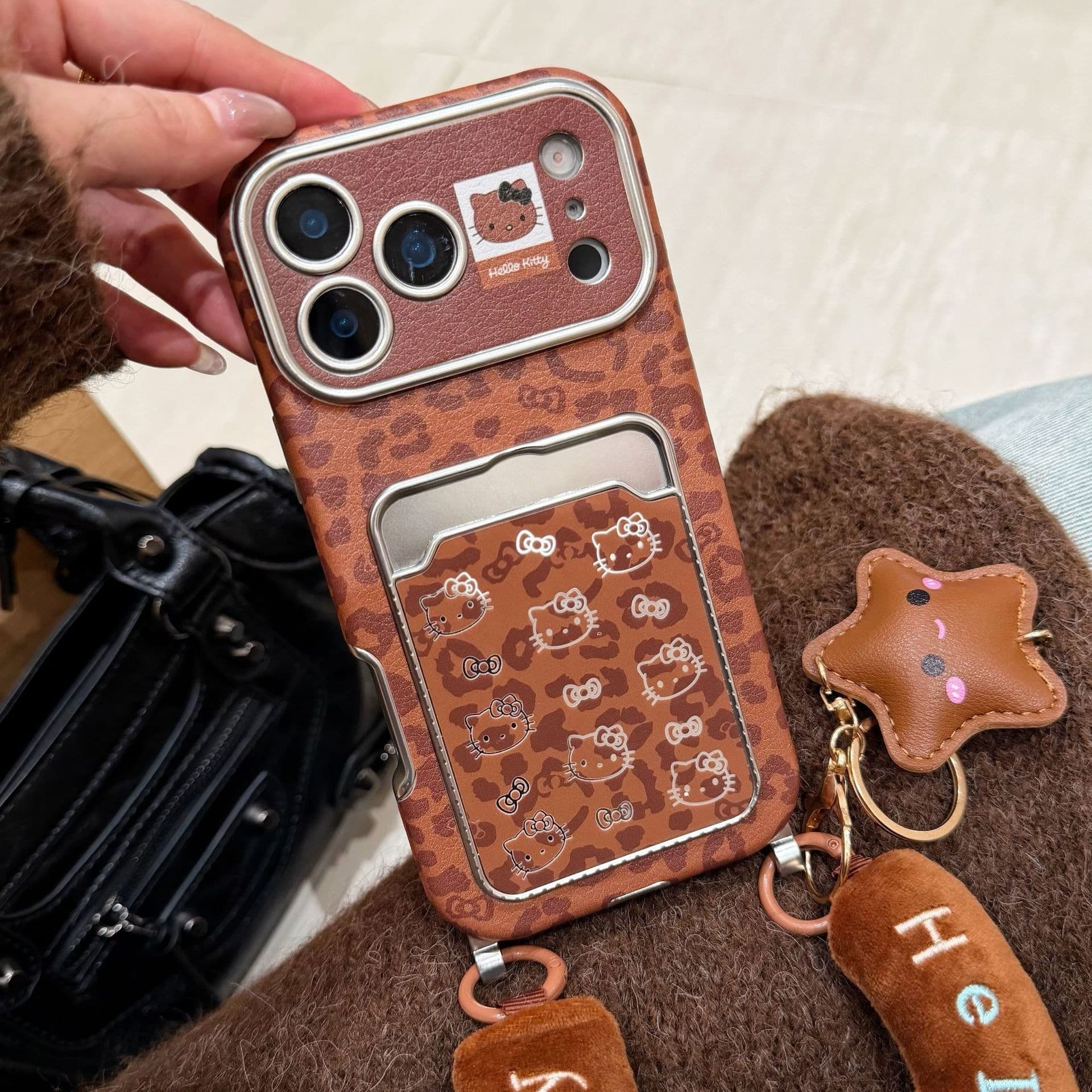 Compatible with iPhone 17 Pro Max Case Retro Leopard Print Card Holder Kitty Cat Apple 16 Protective Cover Shockproof