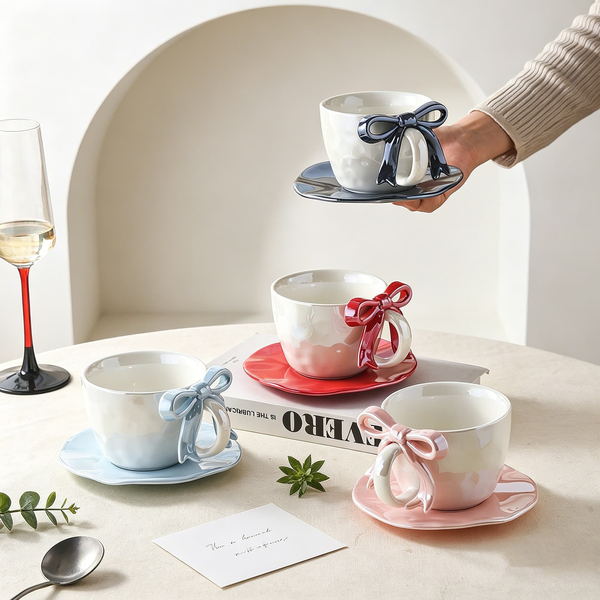 Light Luxury Bowknot Coffee Cup and Saucer Set Ceramic Cup and Saucer Set Afternoon Tea Water Cup and Saucer Set Home Use Cup and Saucer Set for Export