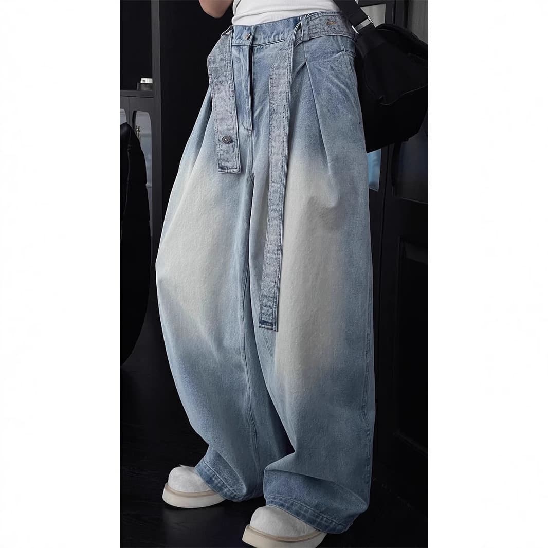 Long Daodao 2025 New Original Design Belted Jeans for Men Retro Washed Loose Wide-Leg Curved Knife Pants