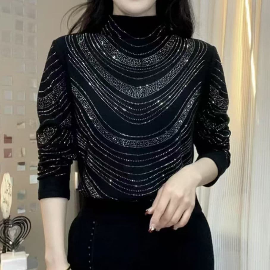 Autumn and Winter New Style Heavy Work Hot-fix Rhinestone Slimming Trendy Fashion Middle-aged and Elderly Half High Neck Base Shirt Long Sleeve Women Belly Cover Top