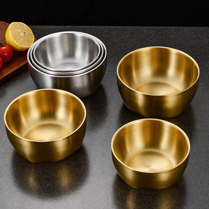 Korean Stainless Steel Rice Bowl 304 Square Round Bowl Anti-Scald Soup Bowl Gold Kimchi Bowl Double-Layer Kids Eating Bowl